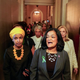 Rep. Pramila Jayapal (D-Wash.), center, Rep. Ilhan Omar (D-Minn.), left, and members of the US House of Representatives protest near the Senate Chamber ahead of a vote on an abortion rights bill on Capitol Hill on Tuesday, May 11, 2022, in Washington, DC.